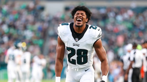 Aug 17, 2023; Philadelphia, Pennsylvania, USA; Philadelphia Eagles cornerback Josh Jobe (28) reacts before kickoff against the Cleveland Browns at Lincoln Financial Field. Mandatory Credit: Bill Streicher-USA TODAY Sports  